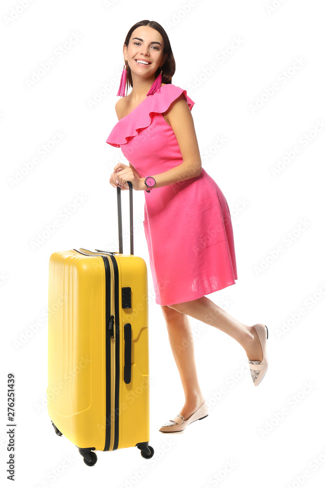 Female tourist with luggage on white background Female tourist with luggage on white background