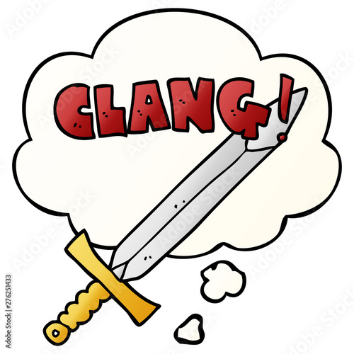 cartoon clanging sword and thought bubble in smooth gradient style