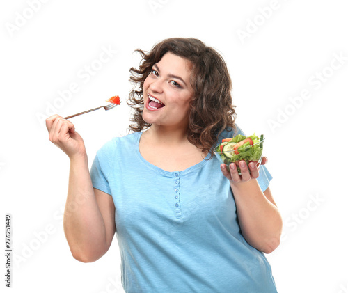 Overweight woman with bowl ...