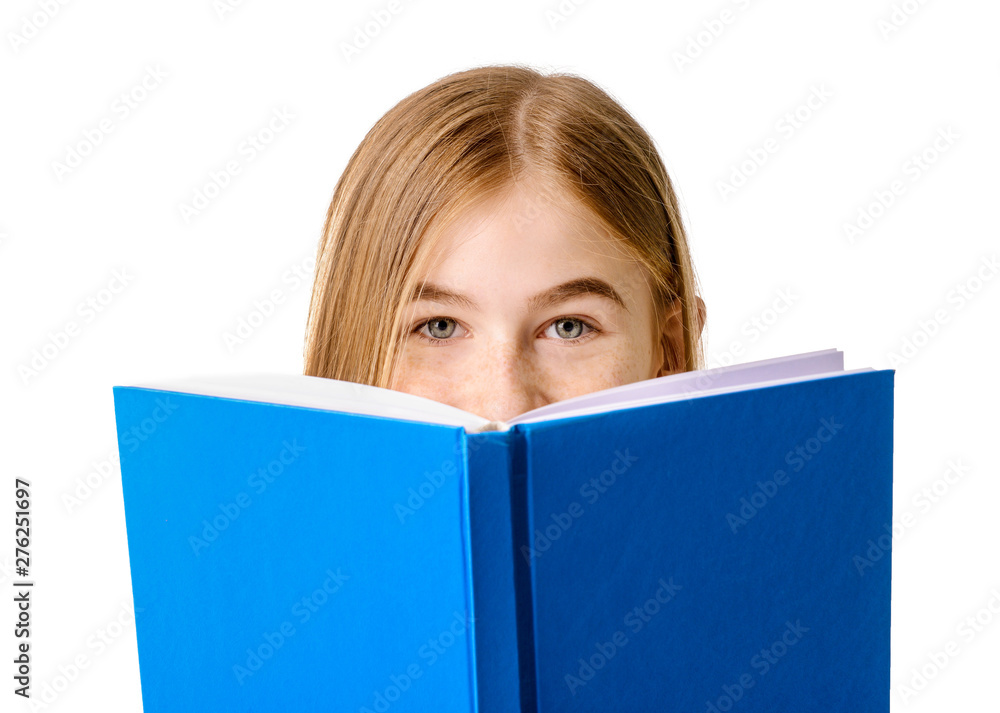 Cute teenage girl with book on white background Cute teenage girl with book on white background