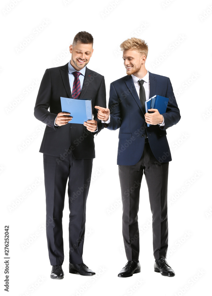 Business partners discussing project on white background