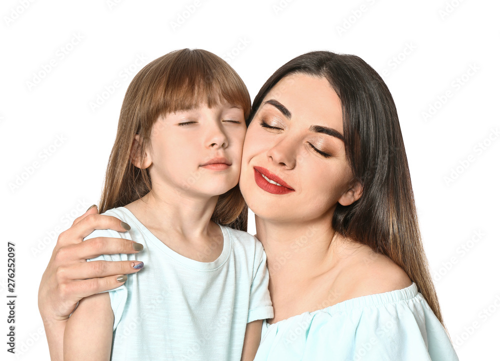 Portrait of happy mother and daughter on white background Portrait of happy mother and daughter on white background