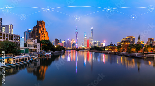 Photography Modern city with wireless network connection concept,Shanghai