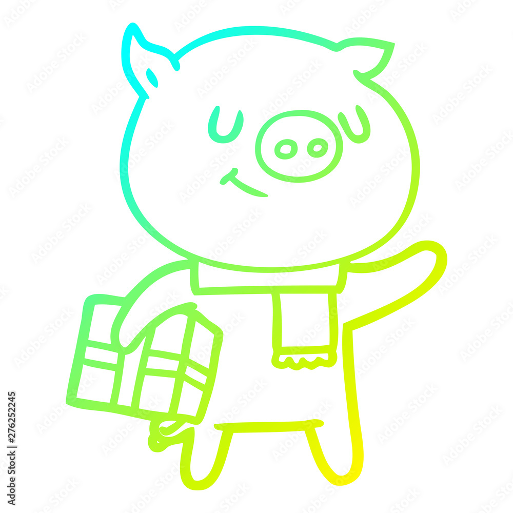 cold gradient line drawing happy cartoon pig with christmas present cold gradient line drawing happy cartoon pig with christmas present