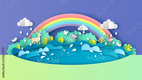 Illustration of rainy season with plants, grass, butterflies and rain drop that are around beautiful pond. paper cut and craft style. vector,illustration.