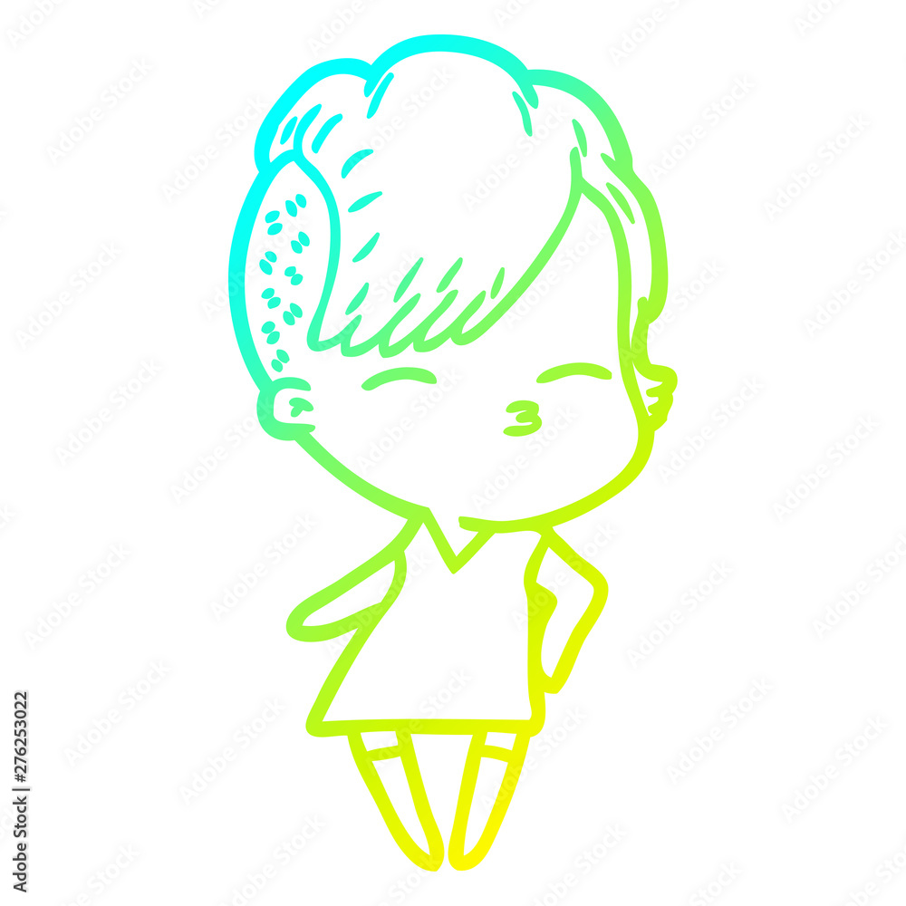 cold gradient line drawing cartoon squinting girl in dress