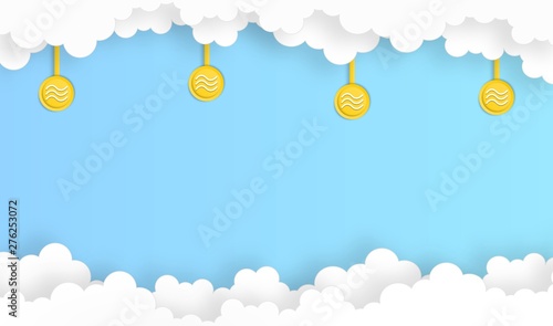 sky with currency coin in the air background, vector ,illustration, paper art style, copy space for text
