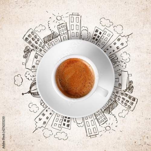 Conceptual image of cup of coffee and modern city concept