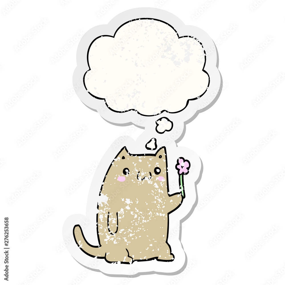 cute cartoon cat with flower and thought bubble as a distressed worn sticker cute cartoon cat with flower and thought bubble as a distressed worn sticker