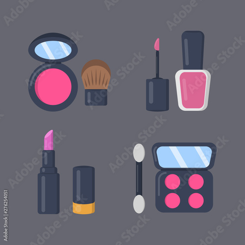Make up cosmetics set of vector icons in cartoon style. Lipstick and pomade fashion makeup collection. Beauty salon and woman cosmetic magazine illustrations.