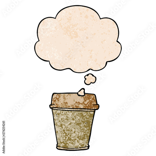 cartoon take out coffee and thought bubble in grunge texture pattern style