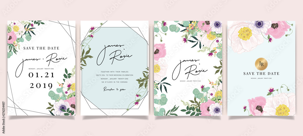Summer Flower Wedding Invitation set, floral invite thank you, rsvp modern card Design in Pink floral with leaf greenery  branches decorative Vector elegant rustic template