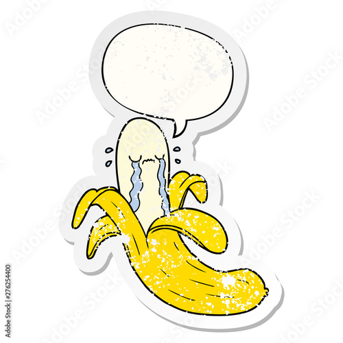 cartoon crying banana and speech bubble distressed sticker