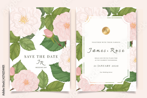 Wedding Invitation, floral invite thank you, rsvp modern card Design in pink rose with leaf greenery  branches decorative Vector elegant rustic template