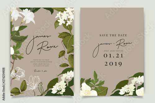 Eco Brown Wedding Invitation, floral invite thank you, rsvp modern card Design in white flower with leaf greenery  branches decorative Vector elegant rustic template