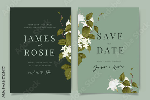 Green Wedding Invitation, floral invite thank you, rsvp modern card Design in white flower with leaf greenery  branches decorative Vector elegant rustic template