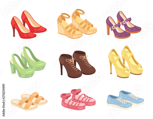 Set of woman shoes vector icons isolated on white background. Fashion footwear design collection.