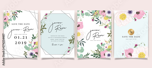 Summer Flower Wedding Invitation set, floral invite thank you, rsvp modern card Design in Pink floral with leaf greenery  branches decorative Vector elegant rustic template
