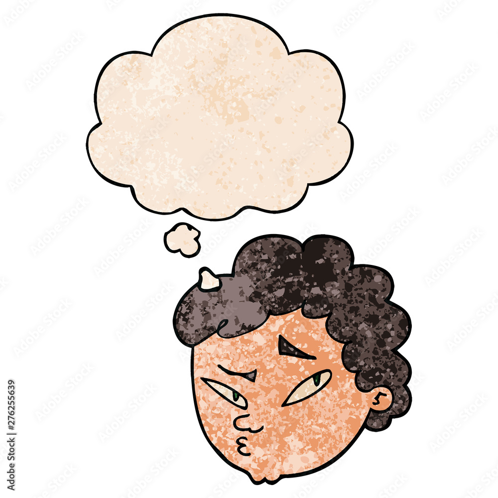 cartoon suspicious man and thought bubble in grunge texture pattern style cartoon suspicious man and thought bubble in grunge texture pattern style