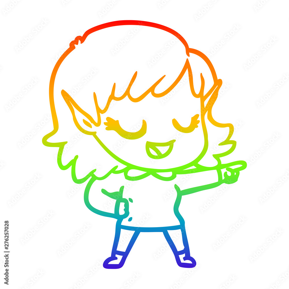 rainbow gradient line drawing happy cartoon elf girl pointing rainbow gradient line drawing happy cartoon elf girl pointing
