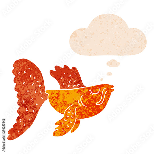cartoon chinese fighting fish and thought bubble in retro textured style