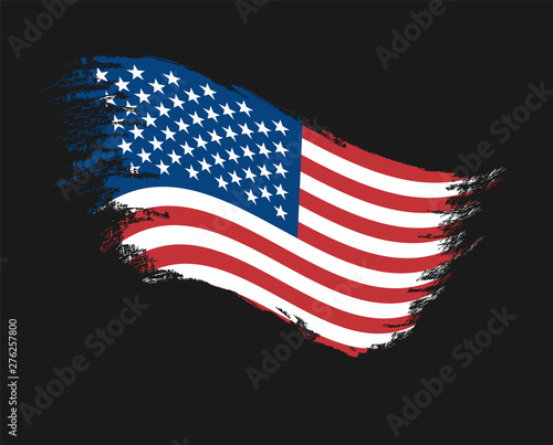 The flag of grunge of the United States of America color, brush, developing. Vector art design, template, multi-colored us flag. Blue, red, white. Object isolated on a dark background.