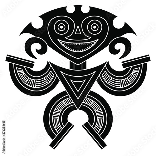 Fantastic tribal motif from ancient Panama. Stylized human figure. Black and white silhouette.