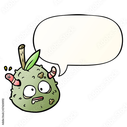 cartoon rotting old pear and worm and speech bubble in smooth gradient style