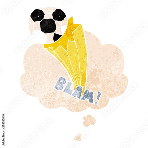 cartoon kicked soccer ball and thought bubble in retro textured style