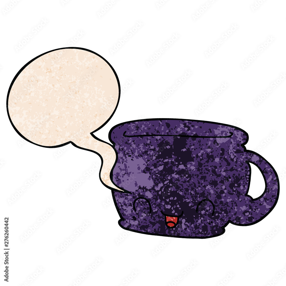 cartoon cup of coffee and speech bubble in retro texture style cartoon cup of coffee and speech bubble in retro texture style
