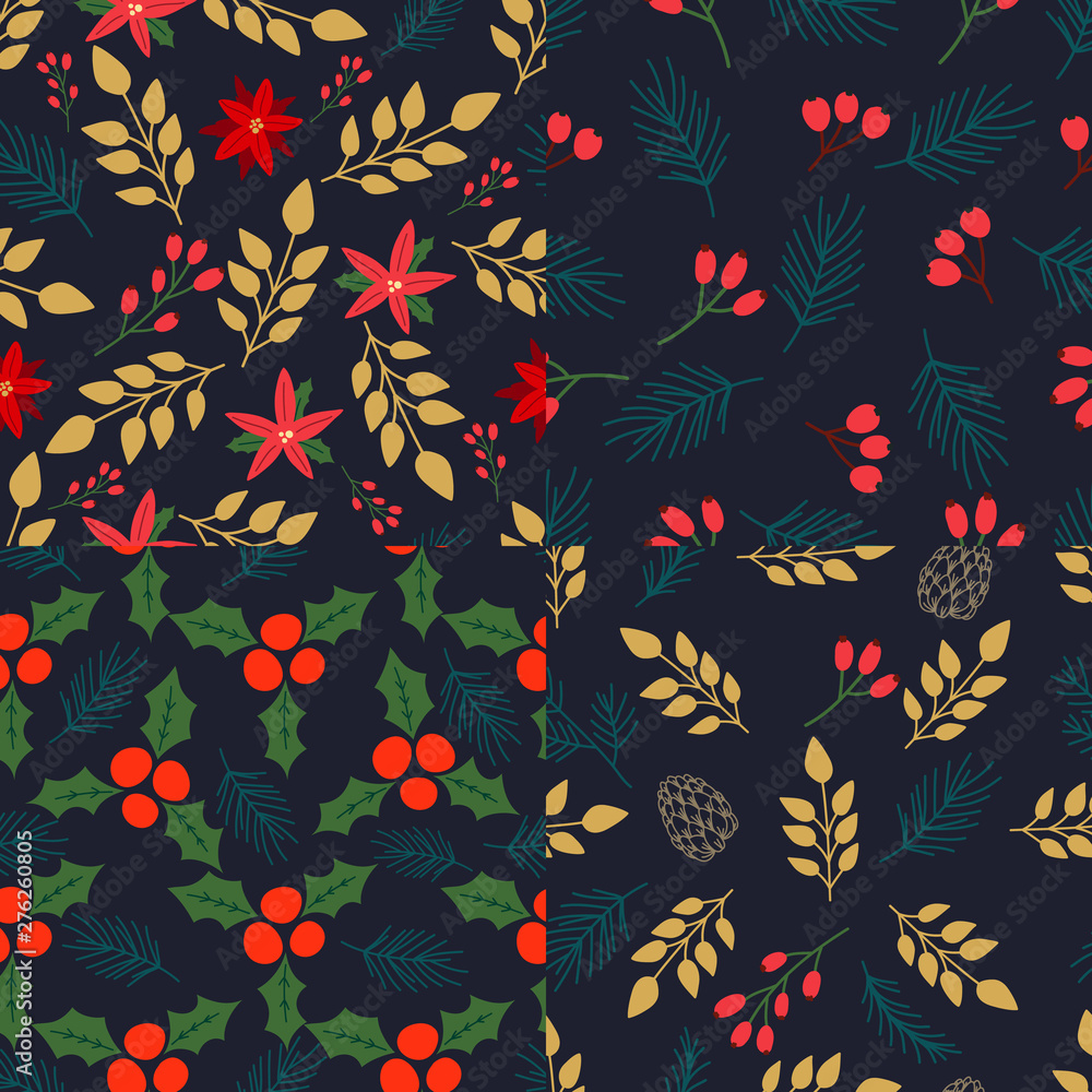 Collection of seamless pattern with abstract Christmas florals. Vector design for wrapping paper, textile. . Collection of seamless pattern with abstract Christmas florals. Vector design for wrapping paper, textile. .