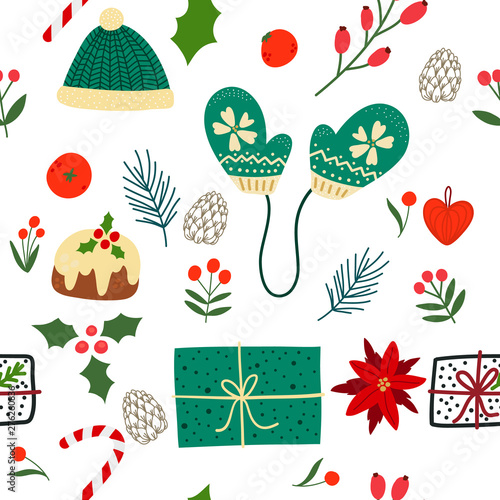 Seamless pattern with winter, Christmas elements and Christmas symbols.  Vector design for wrapping paper, textile.