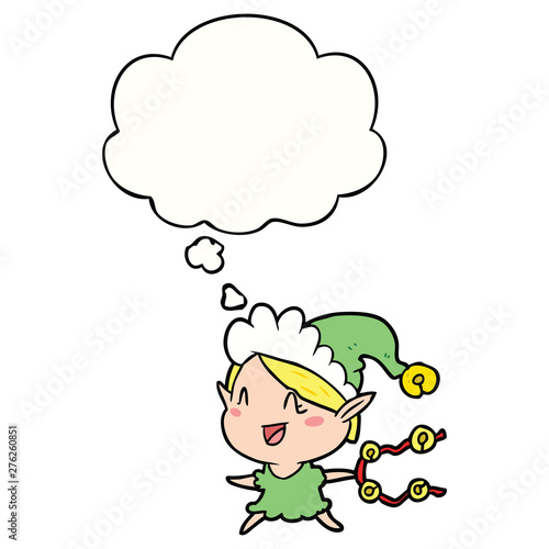 cartoon happy christmas elf and thought bubble