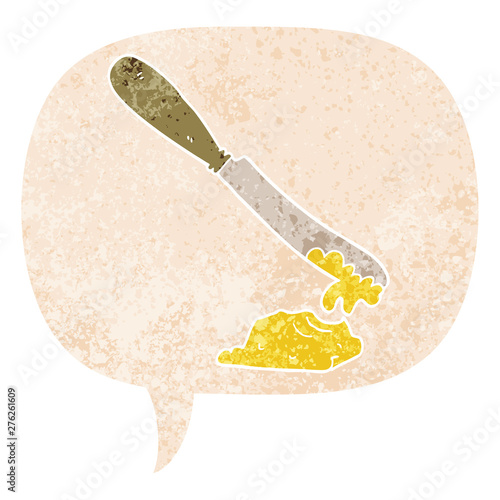 cartoon knife spreading butter and speech bubble in retro textured style