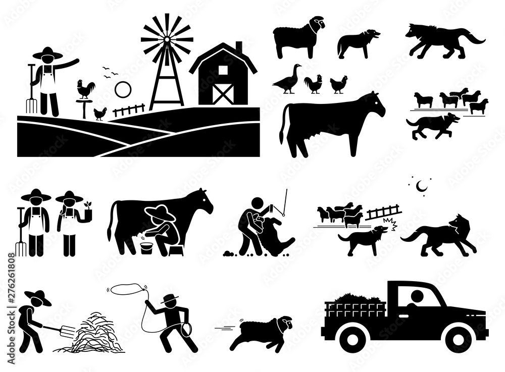 Traditional farmer lifestyle at barn. Stick figure illustrations depict  farmer, animals, cow milking, sheepdog, herding, sheep, wolf, shearing, and  haystack. Stock Vector | Adobe Stock