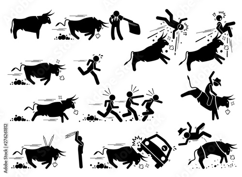 Spain bullfight and bull run event pictogram icons. Stick figure illustrations depict angry bull charging at matador, people, car, and also rodeo game.