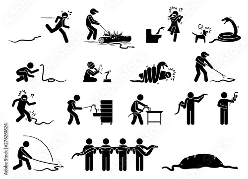 Human and snake pictograms icons. Illustrations depict people scared, running away, catch, capture, bitten, swallowed, and killing snake.