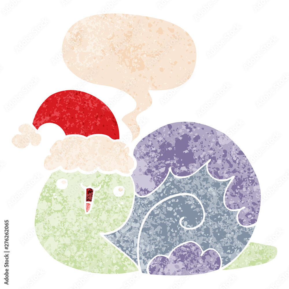 cute cartoon christmas snail and speech bubble in retro textured style