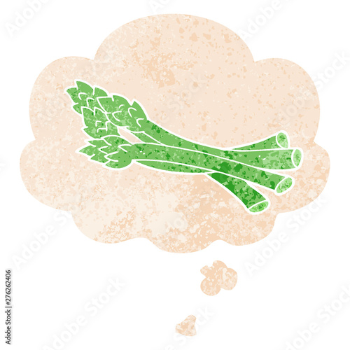 cartoon asparagus and thought bubble in retro textured style