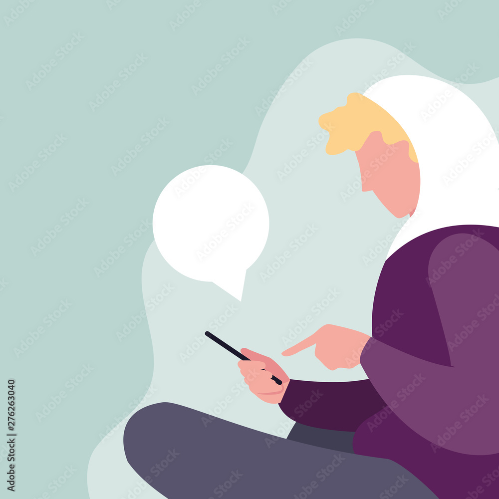 Obraz premium young man sitting using smartphone with speech bubble