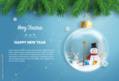 Paper art style of snowman and rabbit standing in Xmas ball with gift boxes, Merry Christmas and Happy New Year concept.