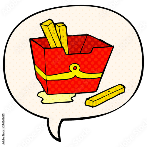 cartoon box of fries and speech bubble in comic book style