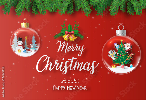 Paper art style of Santa Claus and friends with Christmas tree in Xmas ball, Merry Christmas and Happy New Year concept.