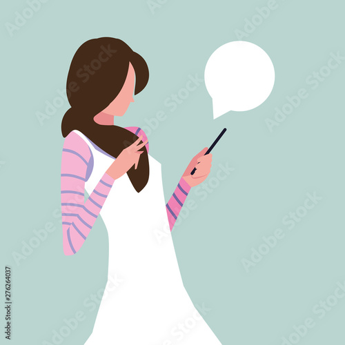 young woman using smartphone with speech bubble