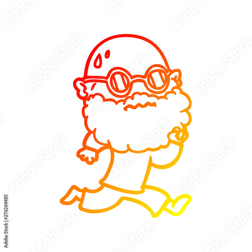 warm gradient line drawing cartoon running man with beard and sunglasses sweating