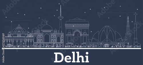 Outline Delhi India City Skyline with White Buildings.