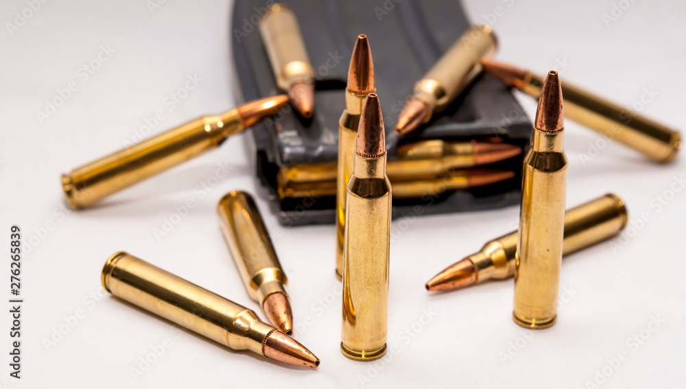 223 caliber bullets along with a loaded 223 caliber rifle magazine on a white background