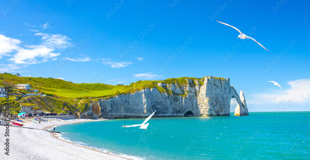 Picturesque panoramic landscape on the cliffs of Etretat. Natural amazing cliffs. Etretat, Normandy, France, La Manche or English Channel. Coast of the Pays de Caux area in sunny summer day. France