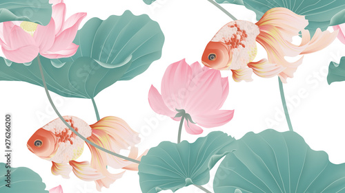Botanical seamless pattern, pink lotus flowers and goldfish on white background, pastel vintage style