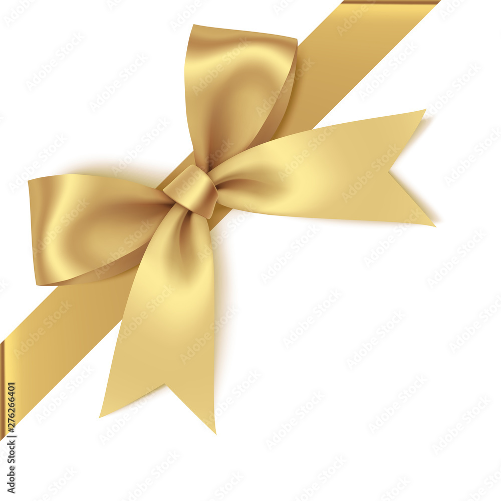  Decorative golden bow with diagonally ribbon on the corner. Vector bow for page decor - obrazy, fototapety, plakaty 